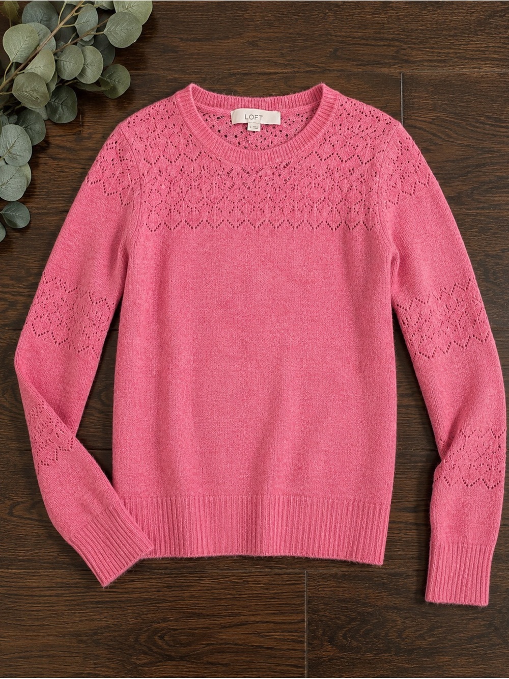 LOFT Hot Pink Lace-Yoke Crewneck Sweater